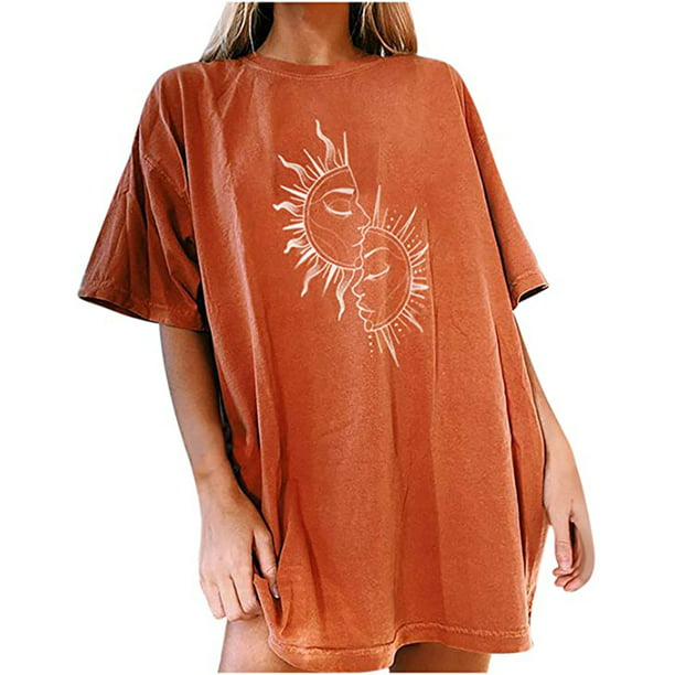 Sun Moon Printed O-Neck T-Shirt for Teen Girls Womens Short Sleeve Casual Tee Tops Fashion Blouse